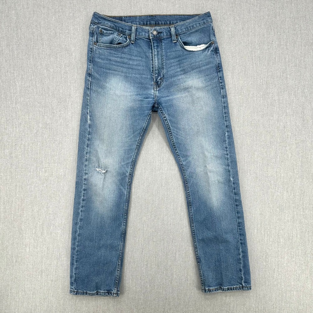 Levis 513 Slim‎ Straight Jeans Mens 33x30 Medium Wash Blue Denim Distressed